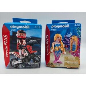 Lot of 2 Playmobil Special Plus 9357 Motocross Driver w/ Bike 9355 Mermaid New
